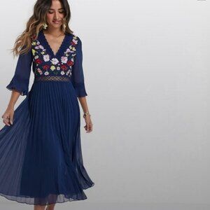 ASOS Blue Floral Embroidered Crocheted Midi Boho Dress US Size 8